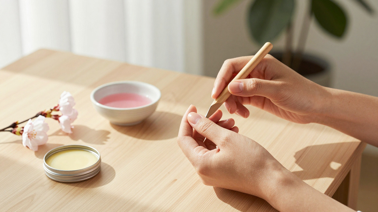 Person using a wooden cuticle pusher on fingernails with a bowl of pink liquid and skincare balm on a wooden table.