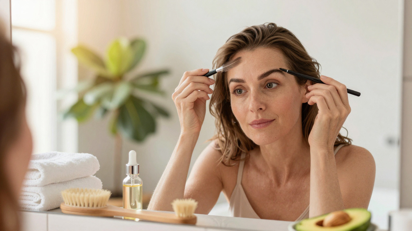Woman grooming her eyebrows with a brush while looking into a bathroom mirror with skincare items nearby.