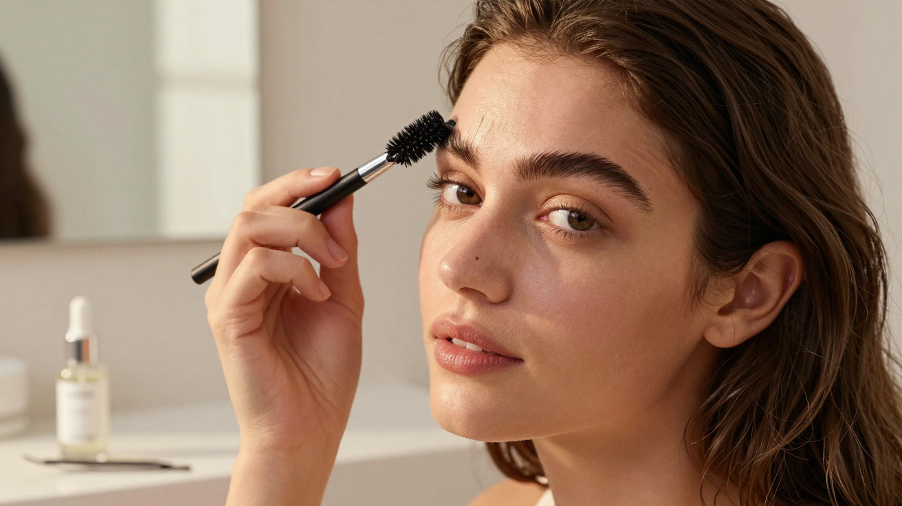 Young woman applying eyebrow gel with a spoolie brush in a bright bathroom.
