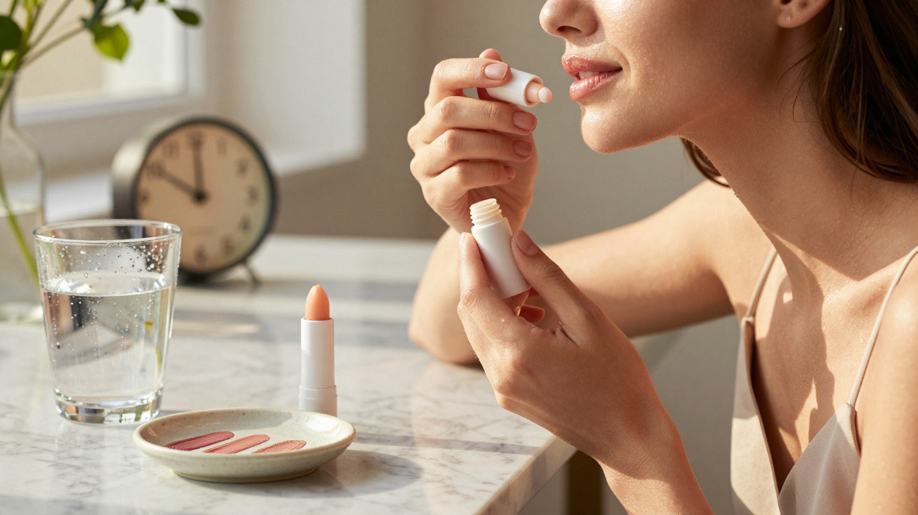 Woman applying lip balm with a glass of water and lipstick on a marble table near a window.