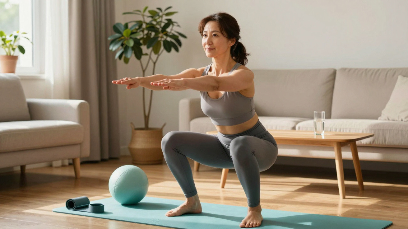 Woman in sportswear doing a squat exercise on a blue mat in a bright living room with fitness equipment nearby.
