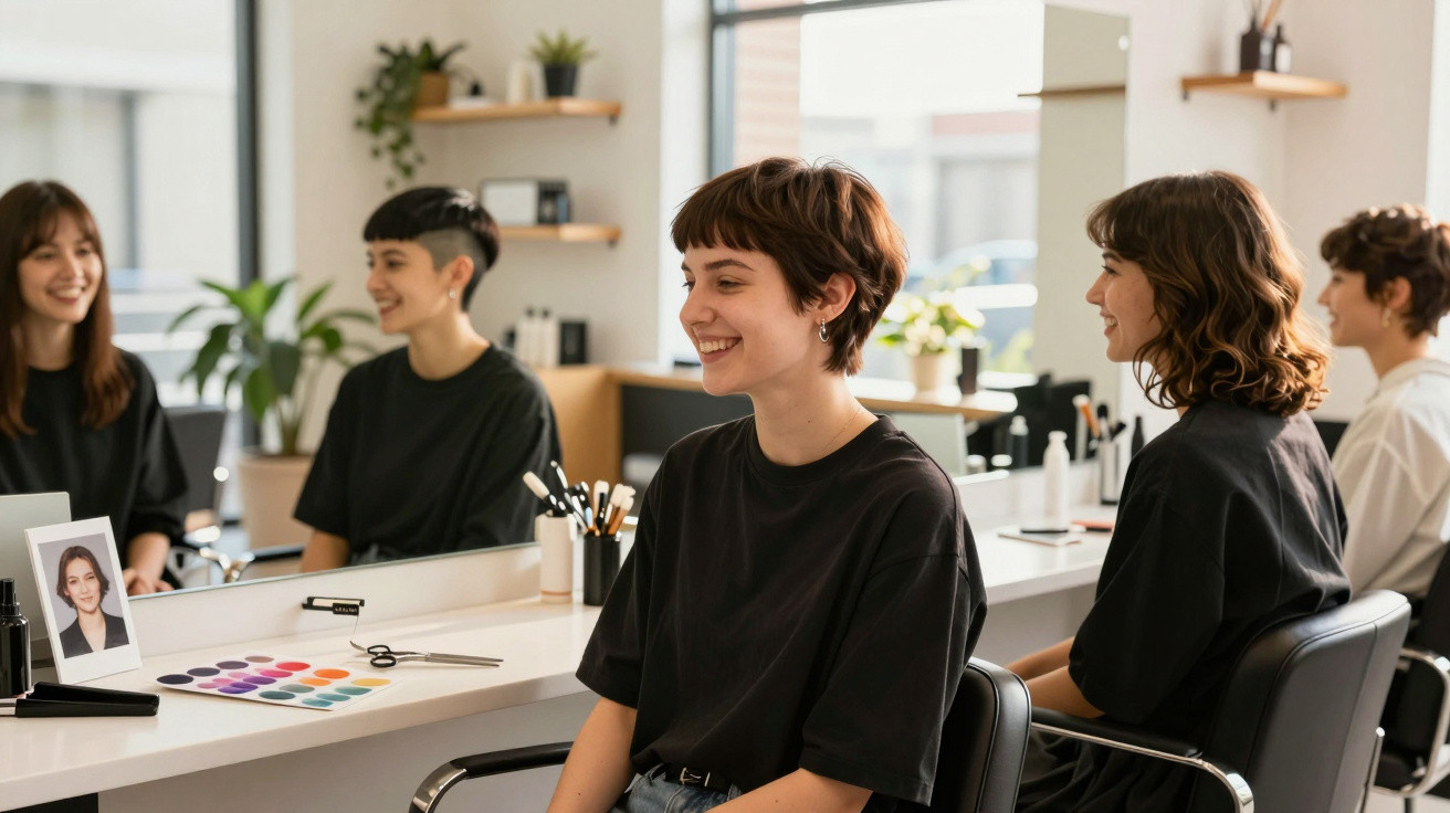 Two women smiling and sitting in chairs at a modern makeup studio with a colour palette and tools on the table.