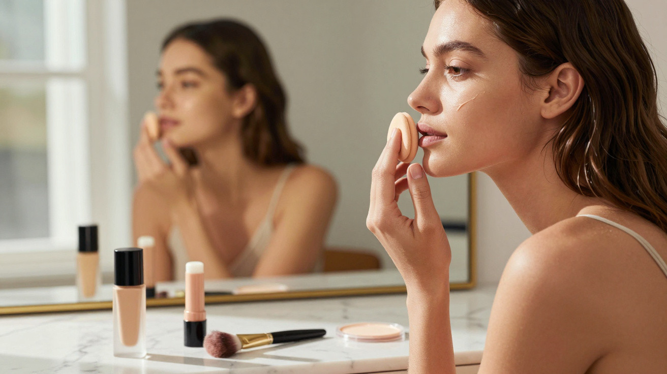 Young woman applying face powder with a sponge while looking in a mirror on a marble surface.