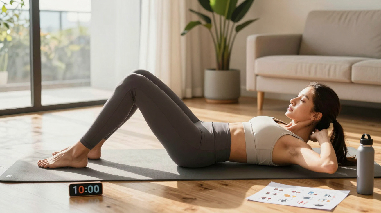 Woman exercising on a yoga mat doing crunches in a bright living room with workout guide and timer nearby.