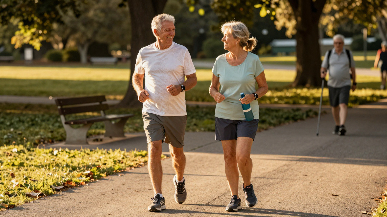 Active elderly couple jogging and walking in a sunny park with green trees and benches in the background.