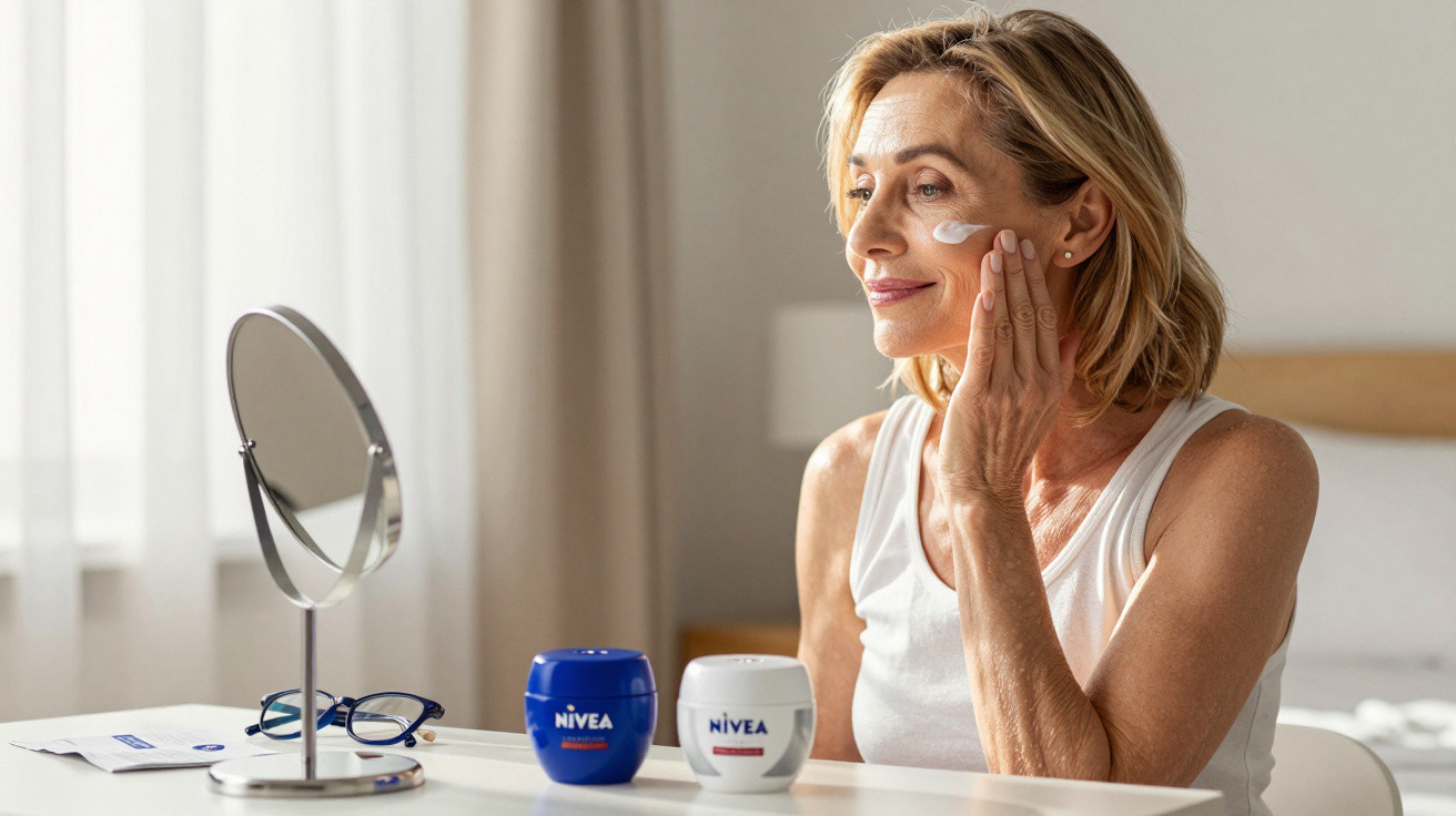 Middle-aged woman applying Nivea face cream while looking into a mirror at a white table in a bright room.