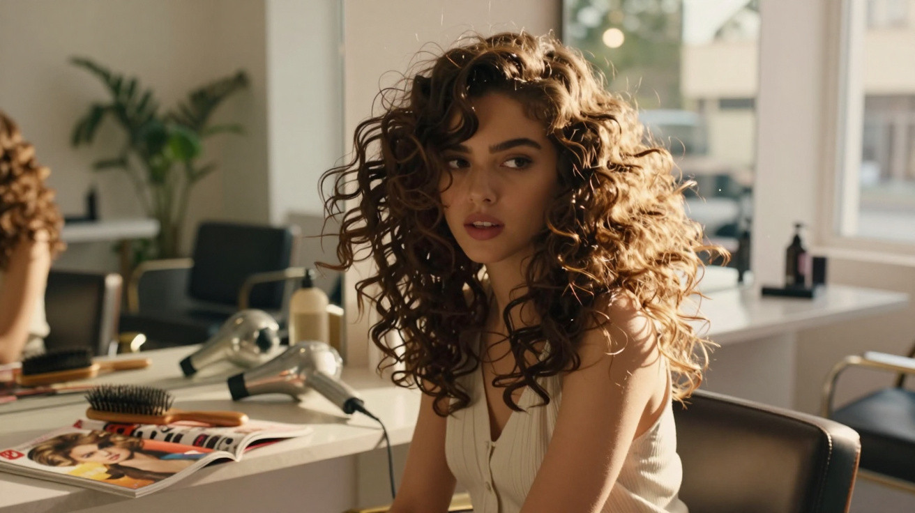 Young woman with voluminous curly hair sitting in a sunlit hair salon beside styling tools and a magazine.