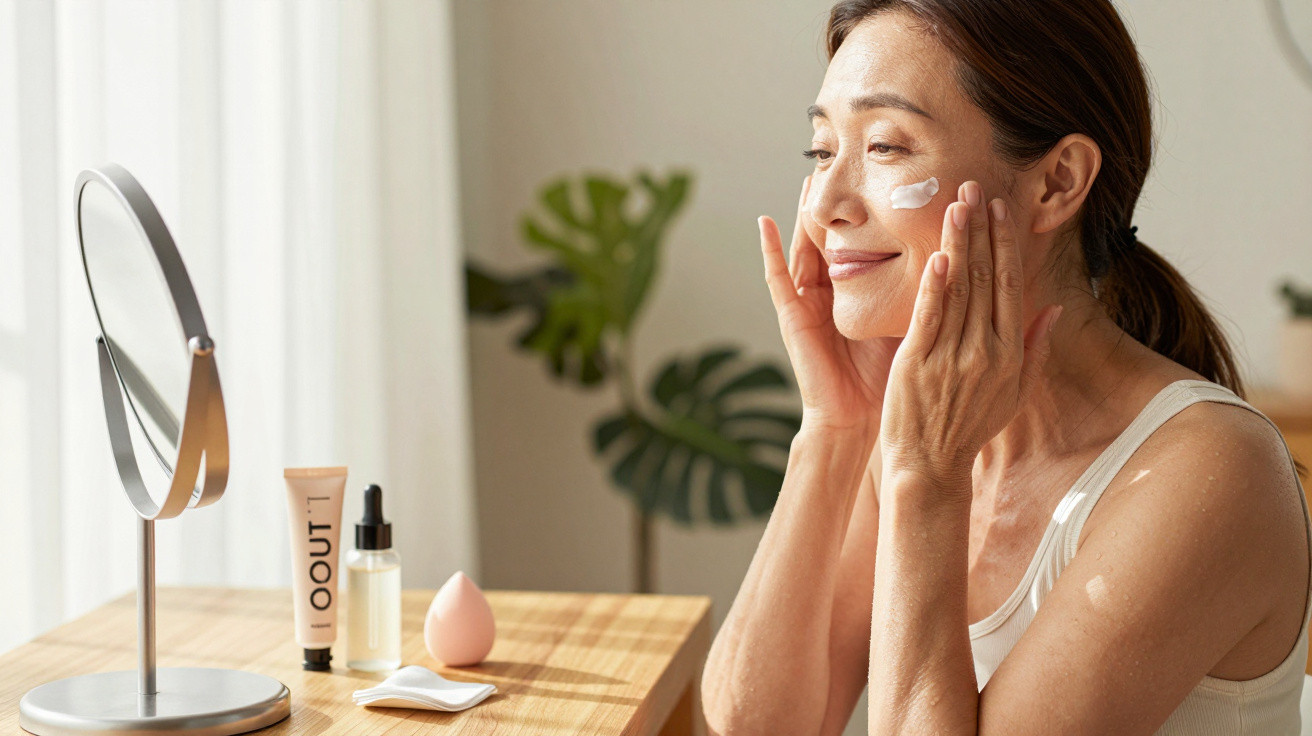 Middle-aged woman applying face cream while looking in a mirror on a wooden table with skincare items.