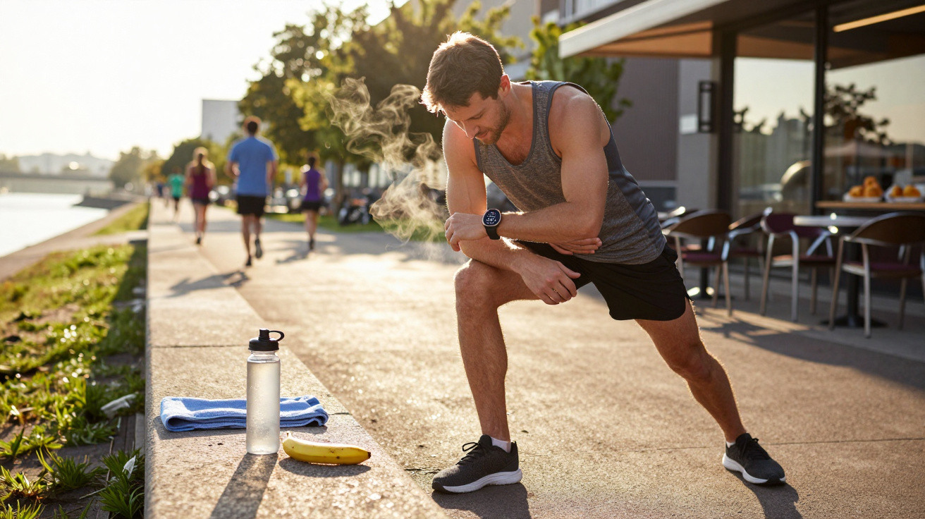 Man in sportswear stretching outdoors near water with towel, water bottle, and banana on ledge.