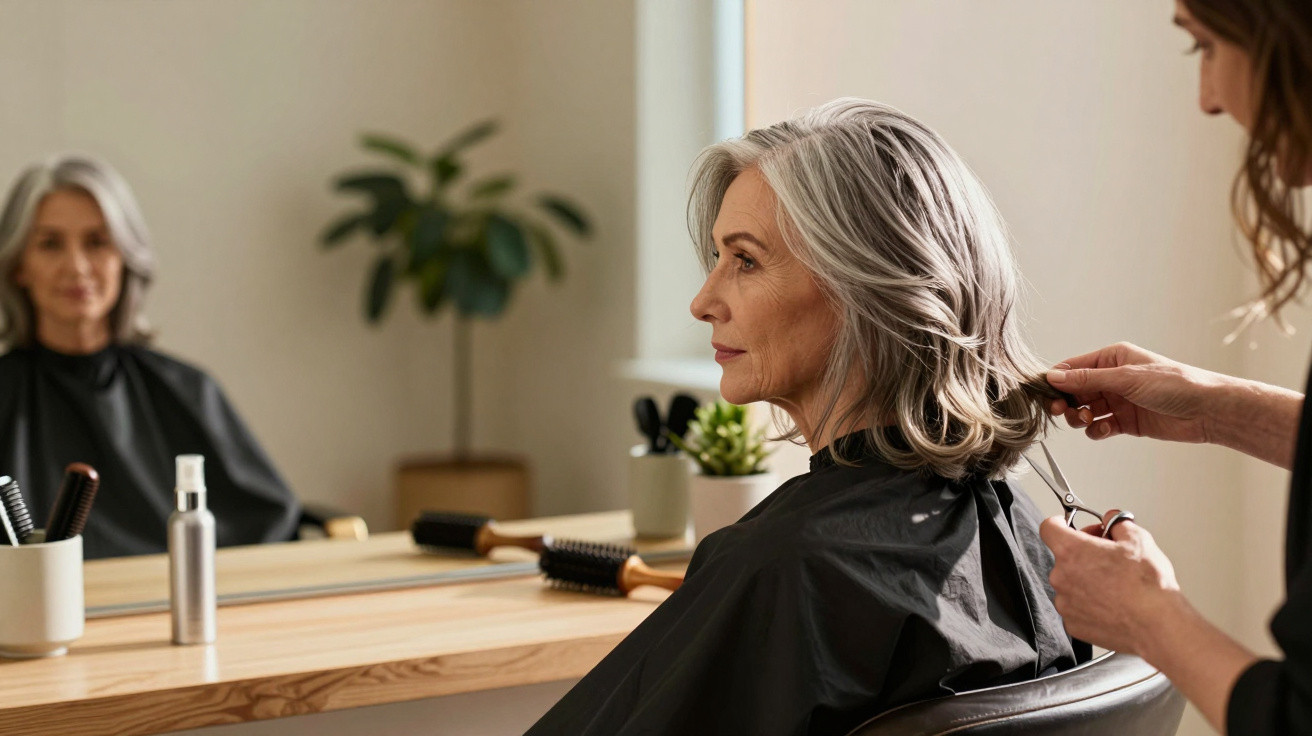 Senior woman with grey hair getting a haircut in a modern salon, sitting in front of a mirror.