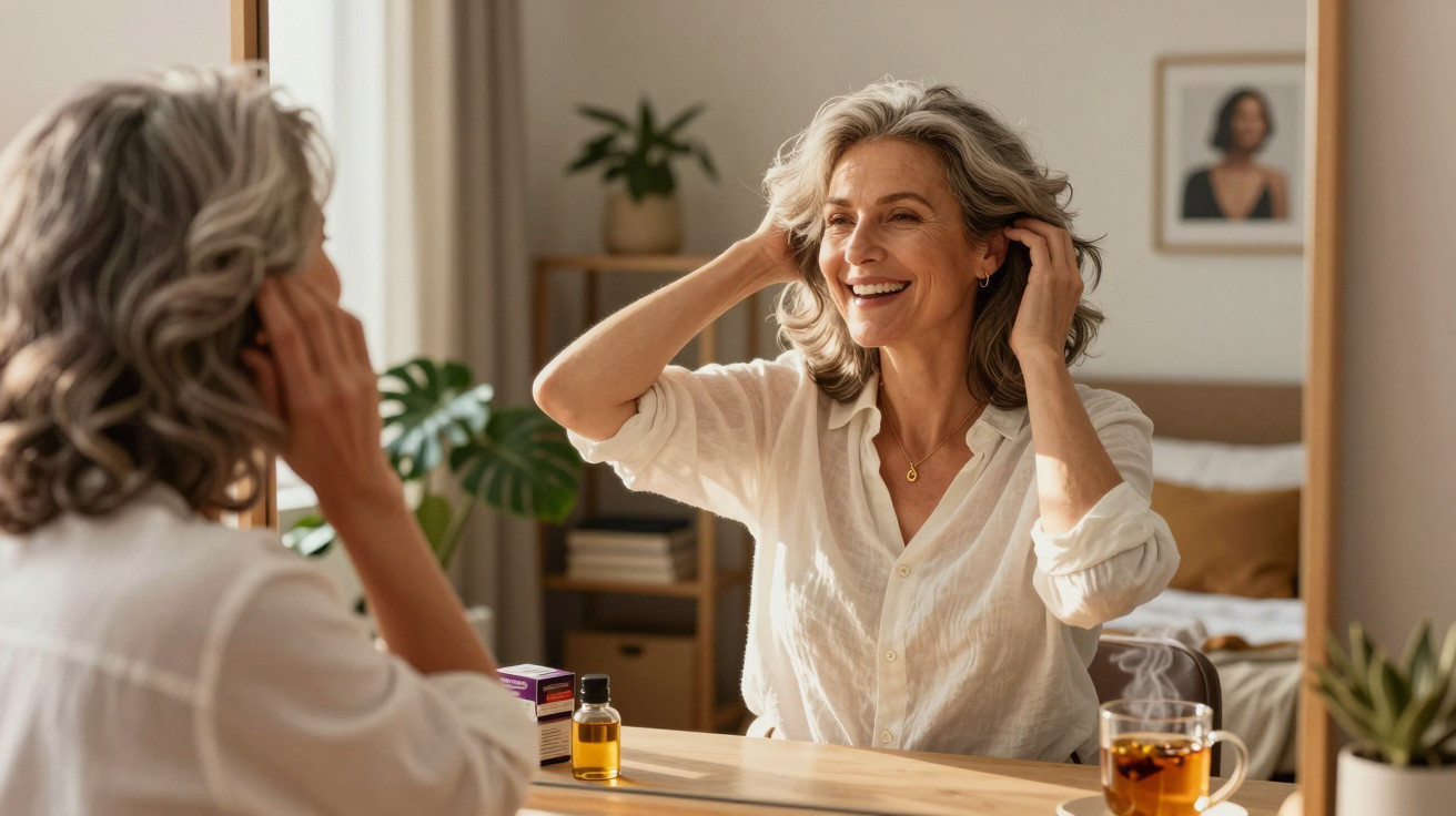 Smiling mature woman with grey hair adjusting her hair while looking into a mirror in a cosy bedroom.