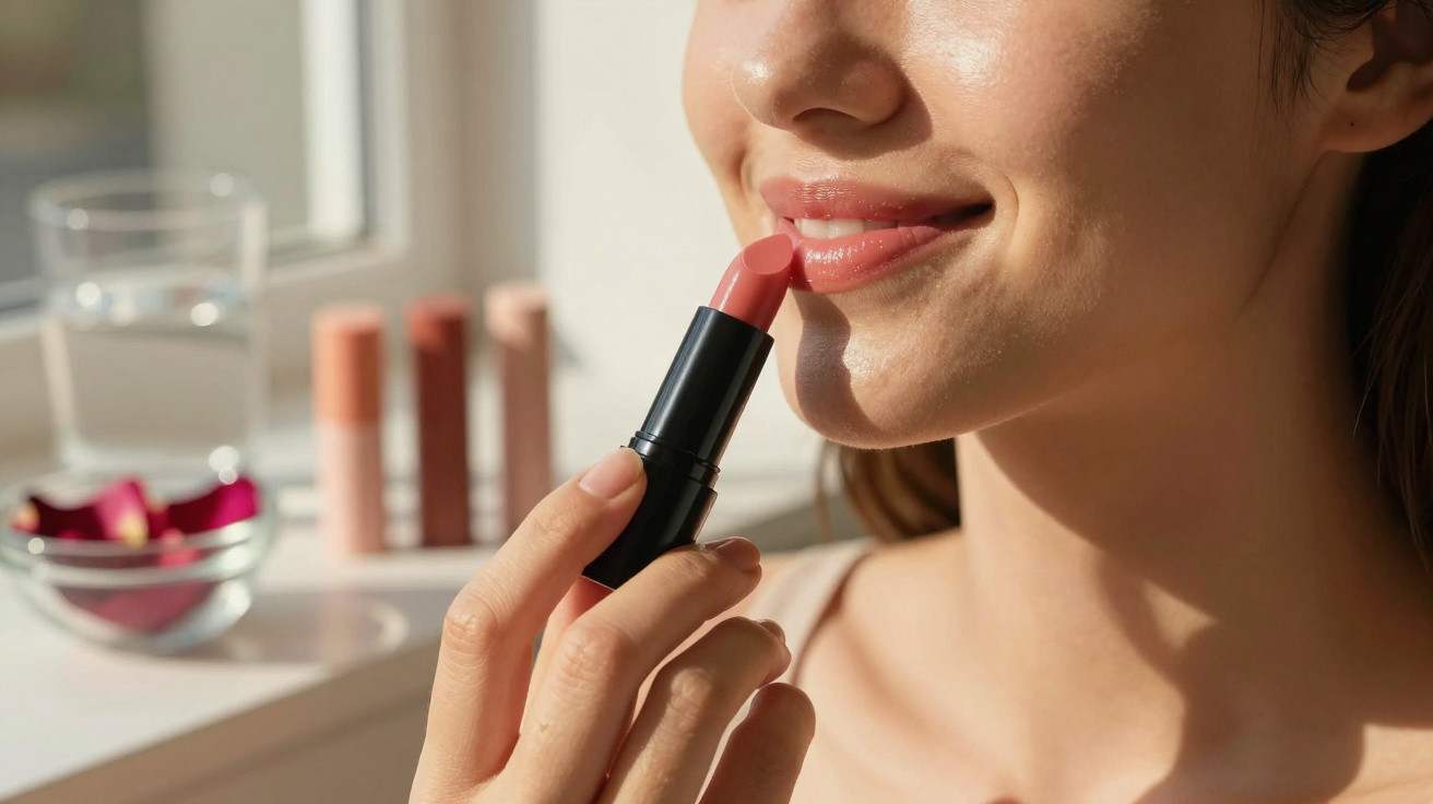Woman applying natural pink lipstick near a sunny window with cosmetic products in the background.