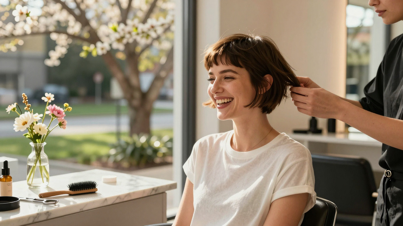 Smiling woman with short hair sitting in a salon chair while a hairstylist adjusts her hair by a window.