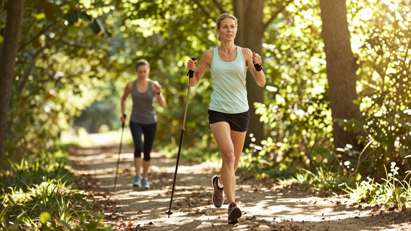 Two women walking briskly with Nordic walking poles on a sunlit forest trail.