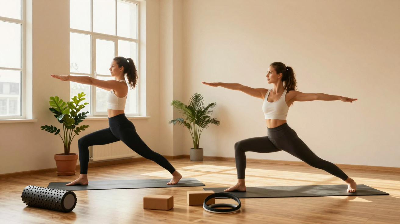 Two women in sportswear practising yoga warrior pose on mats in a sunlit room with plants and equipment.