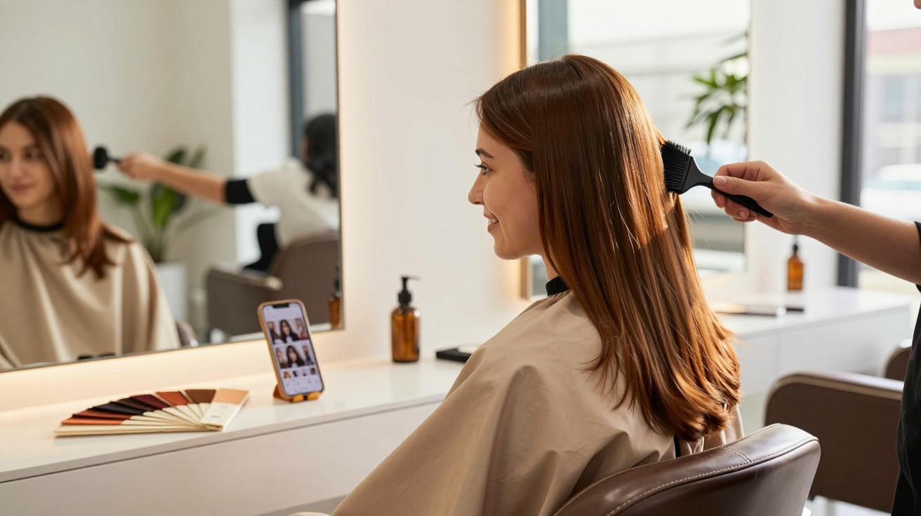 Woman with long brown hair sitting in a salon chair while a stylist brushes her hair.