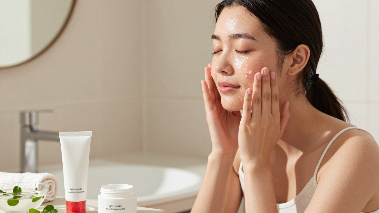 Woman with eyes closed applying cream to her face in a bright bathroom setting.