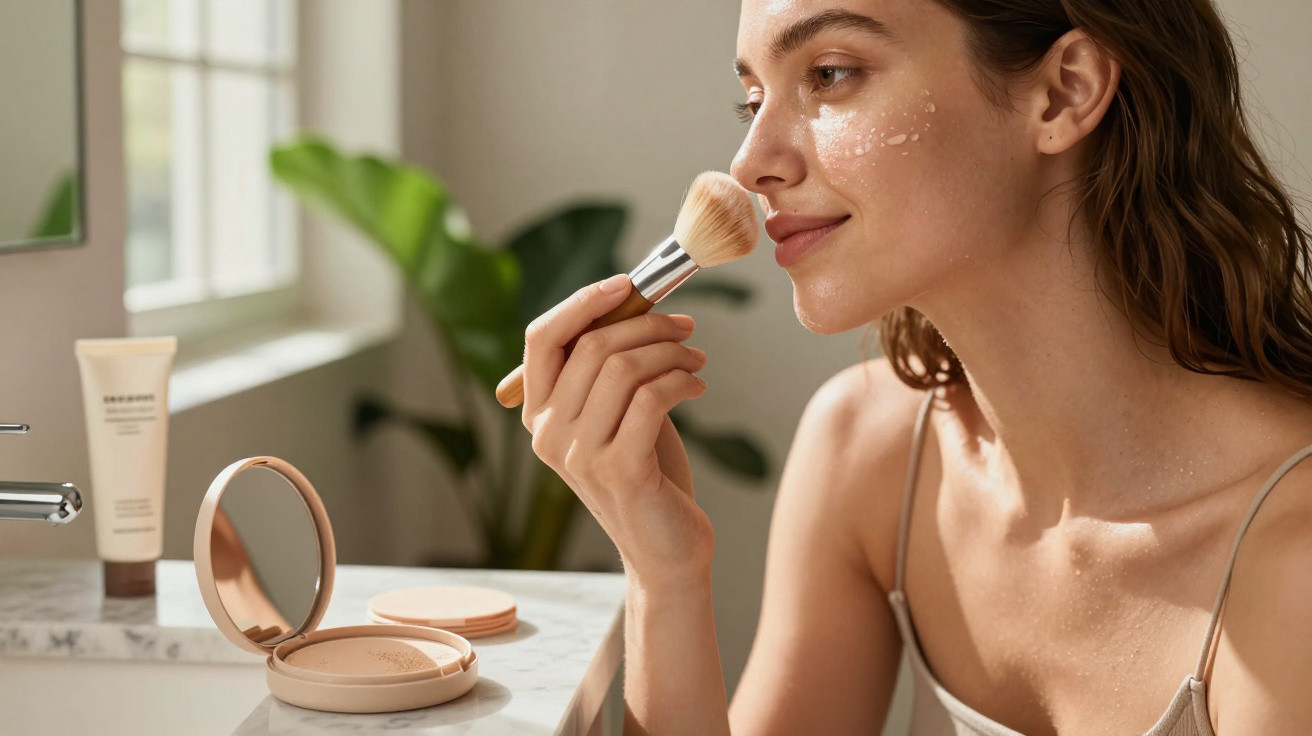 Young woman applying makeup with a brush in a bright bathroom near a window and mirror.