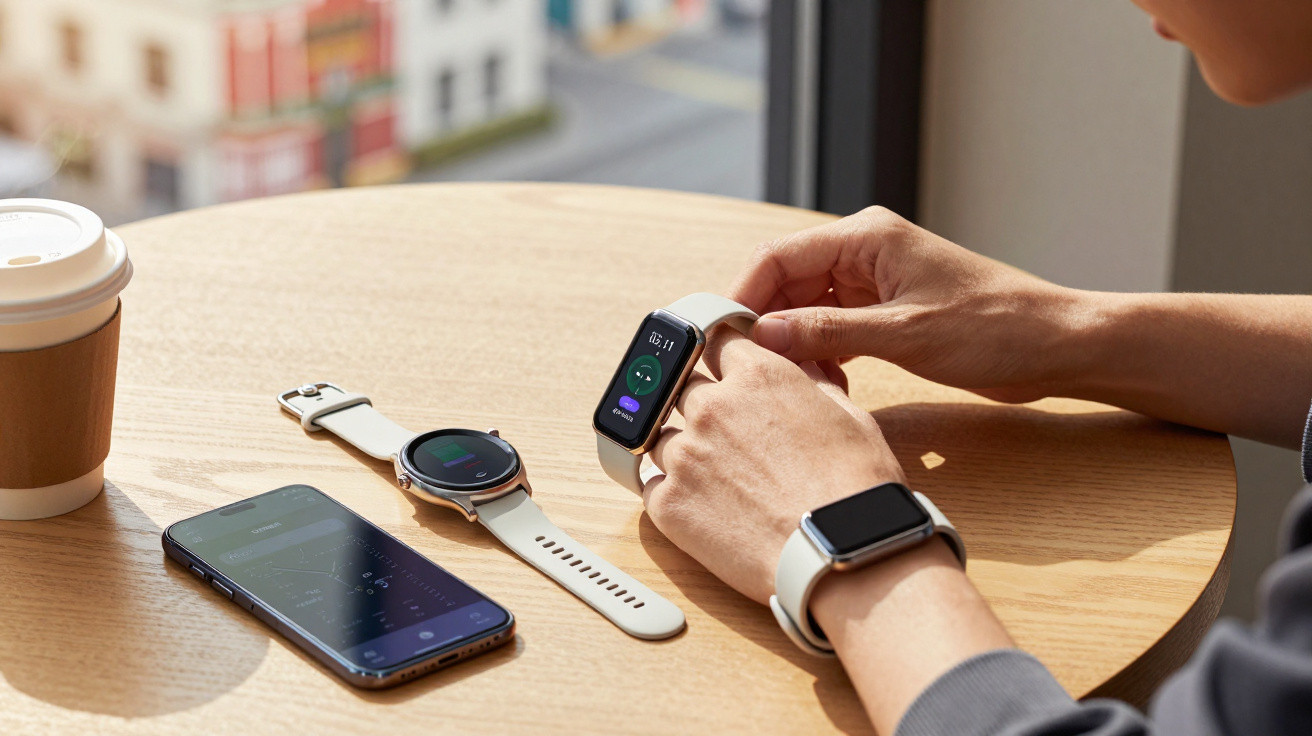 Person wearing a smartwatch and interacting with a fitness tracker on a wooden table with a phone and coffee cup nearby.
