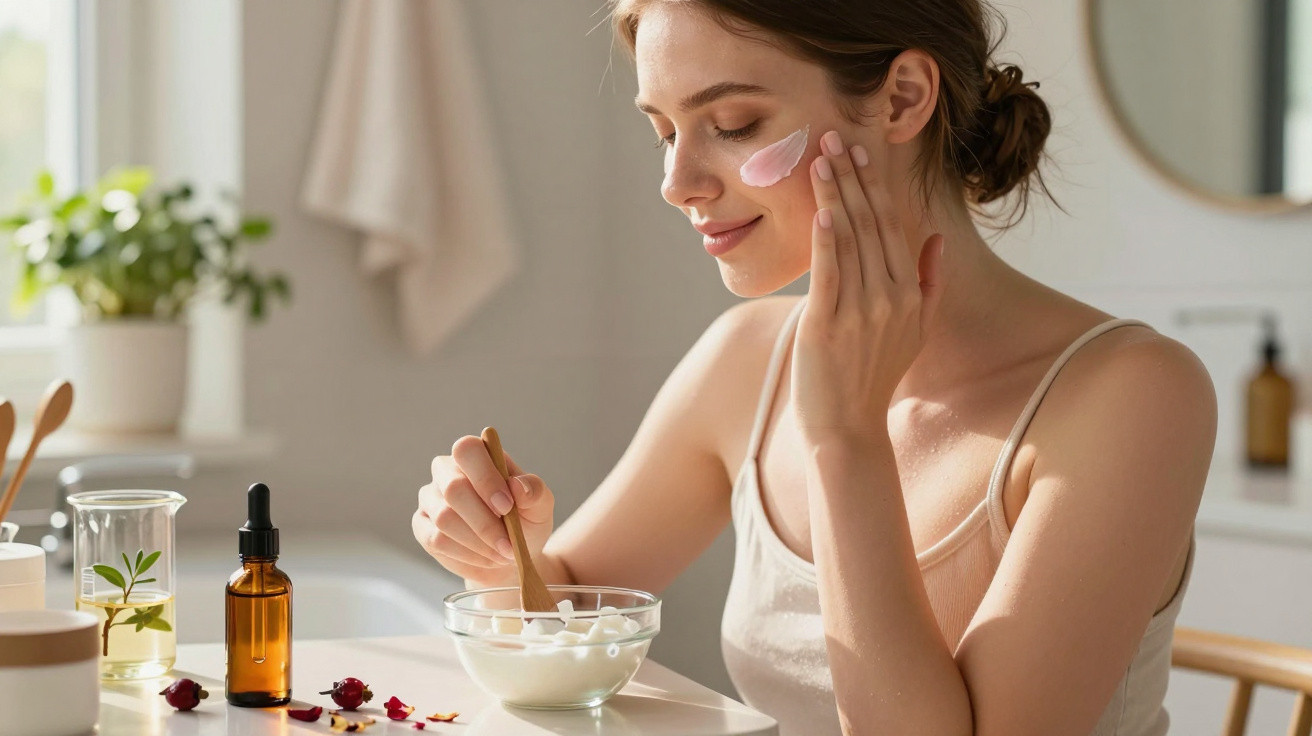 Young woman applying pink cream on her cheek while mixing skincare ingredients in a bowl at home table.