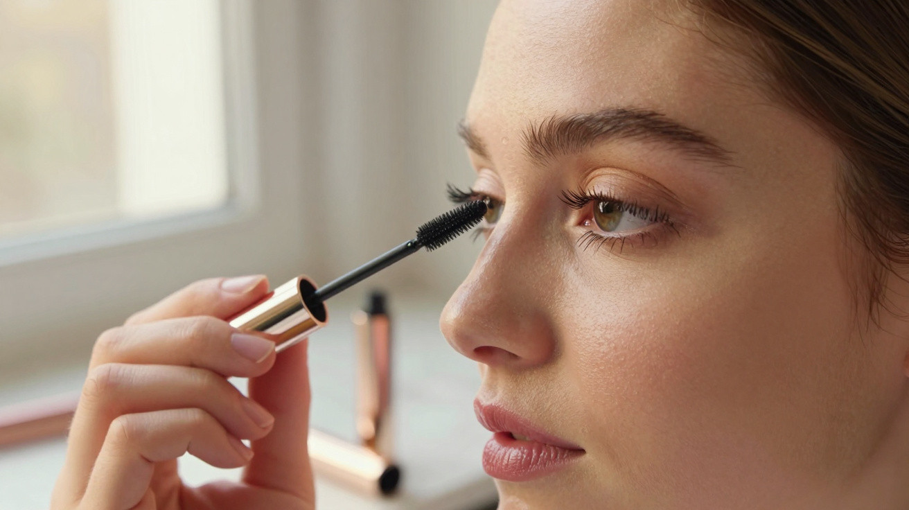 Close-up of a woman applying black mascara to her upper eyelashes by a window with makeup products in the background.