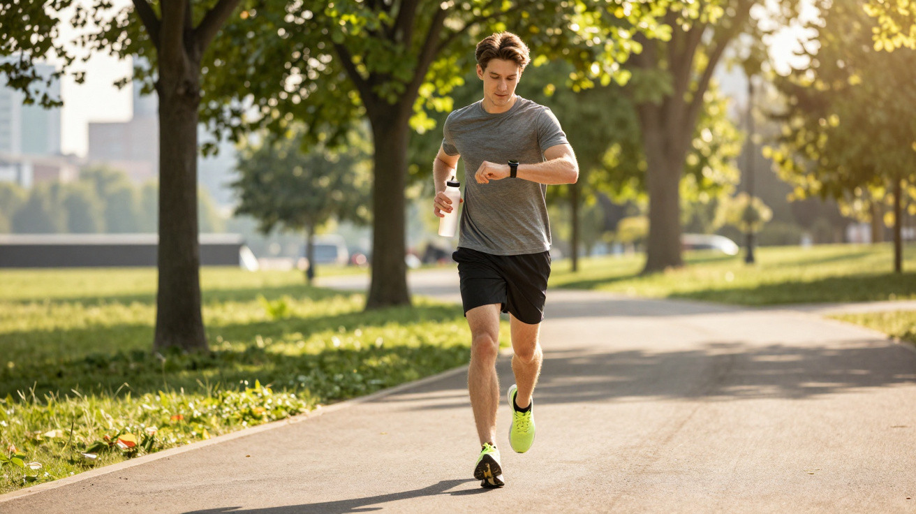 Young man in a grey t-shirt and black shorts jogging in a park while checking his smartwatch and holding a water bottle.