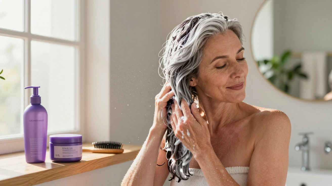 Middle-aged woman with grey hair washing hair in bathroom with shampoo bottles on window sill.
