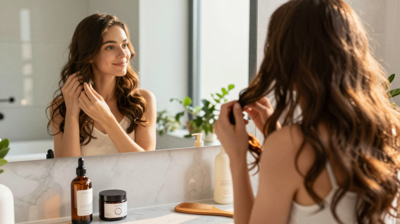 Young woman with long hair styling her hair in front of a bathroom mirror with skincare products on the counter.