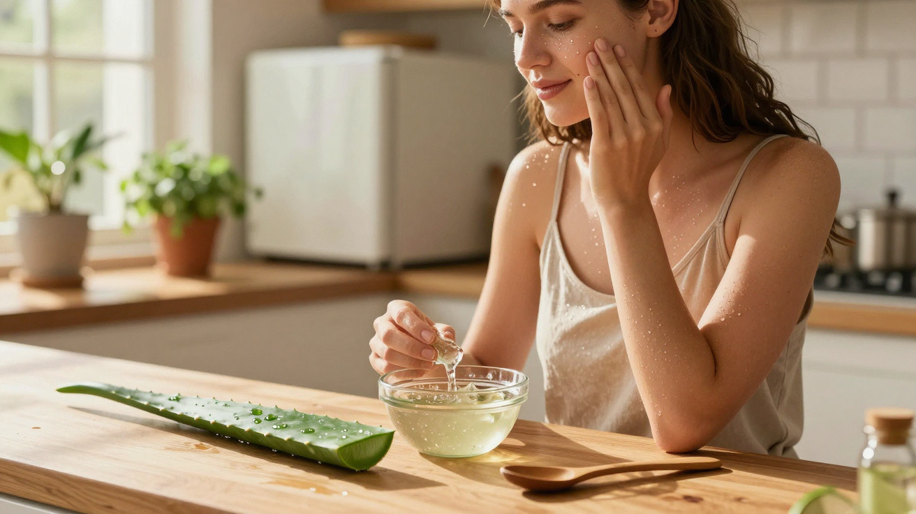 Woman in kitchen applying aloe vera gel from bowl to her face, with aloe leaf on wooden table nearby.
