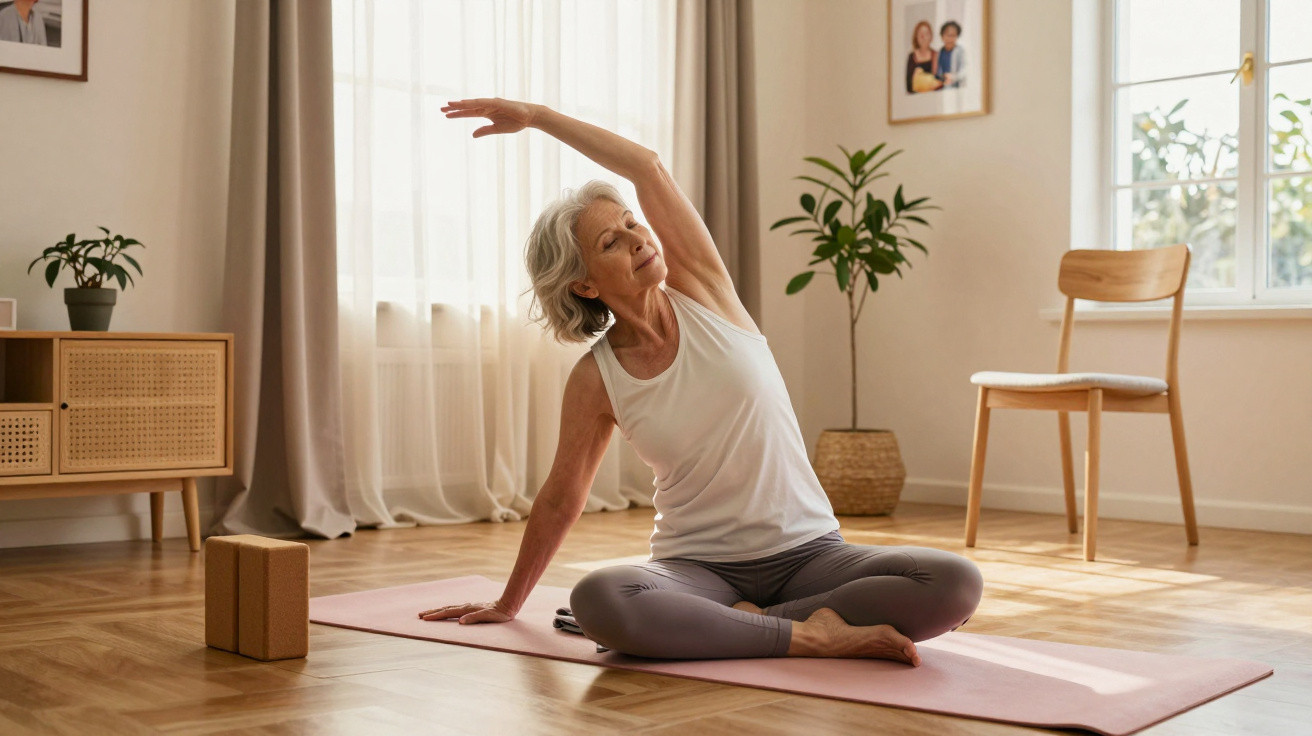 Older woman in athletic wear stretching on a yoga mat in a bright, cosy living room.