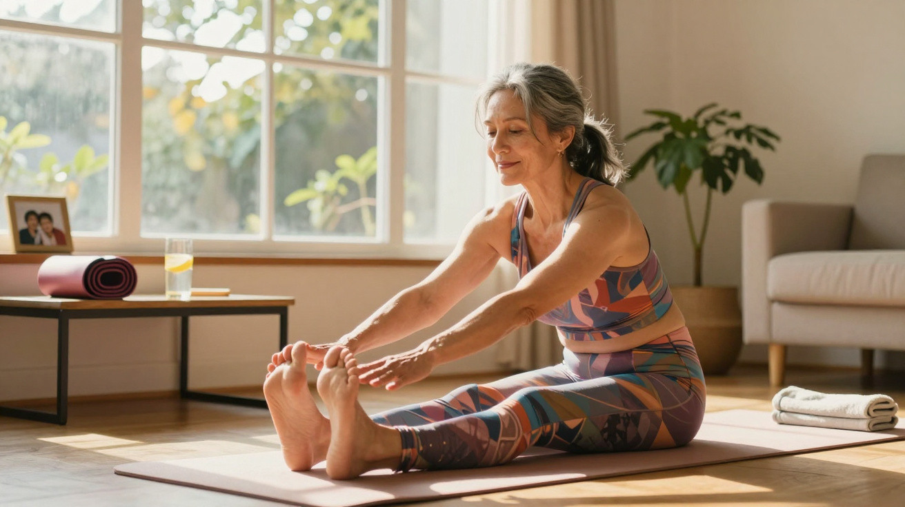 Mature woman in patterned activewear stretching on a yoga mat in a sunlit living room.