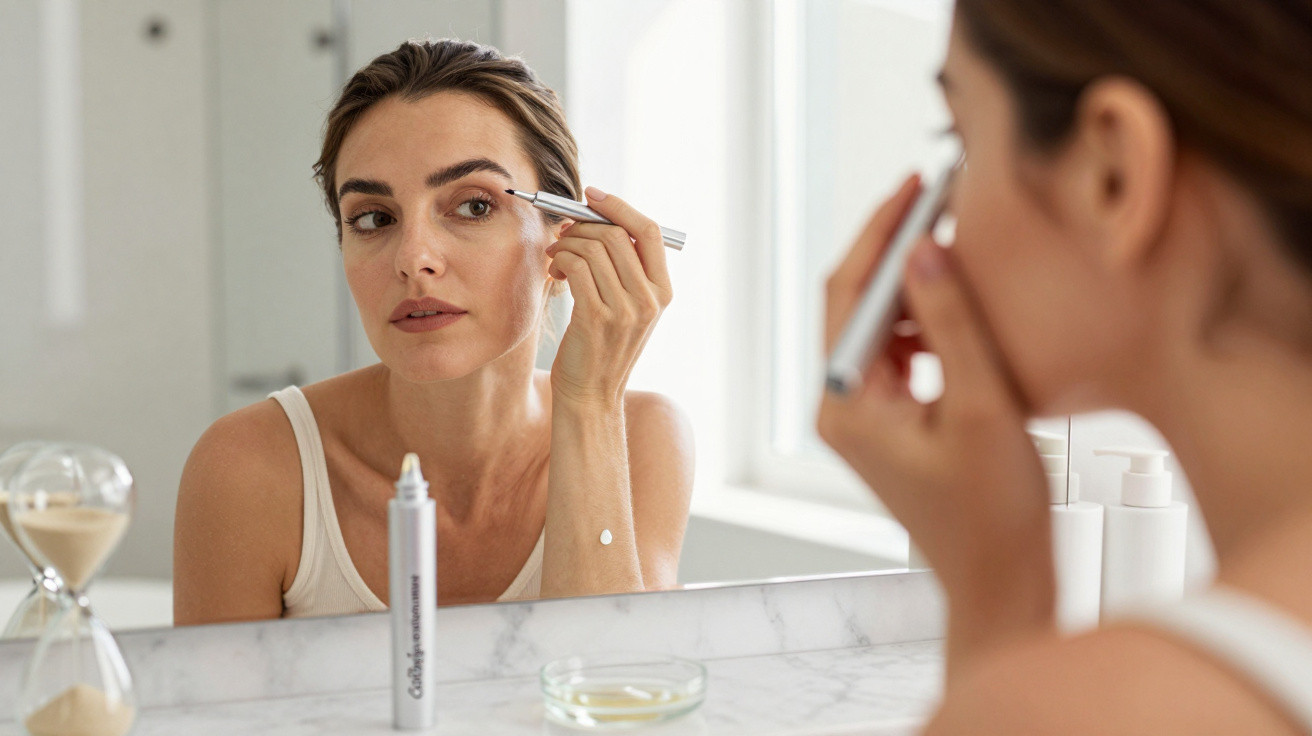 Woman applying eyebrow makeup while looking into a bathroom mirror on a marble countertop.