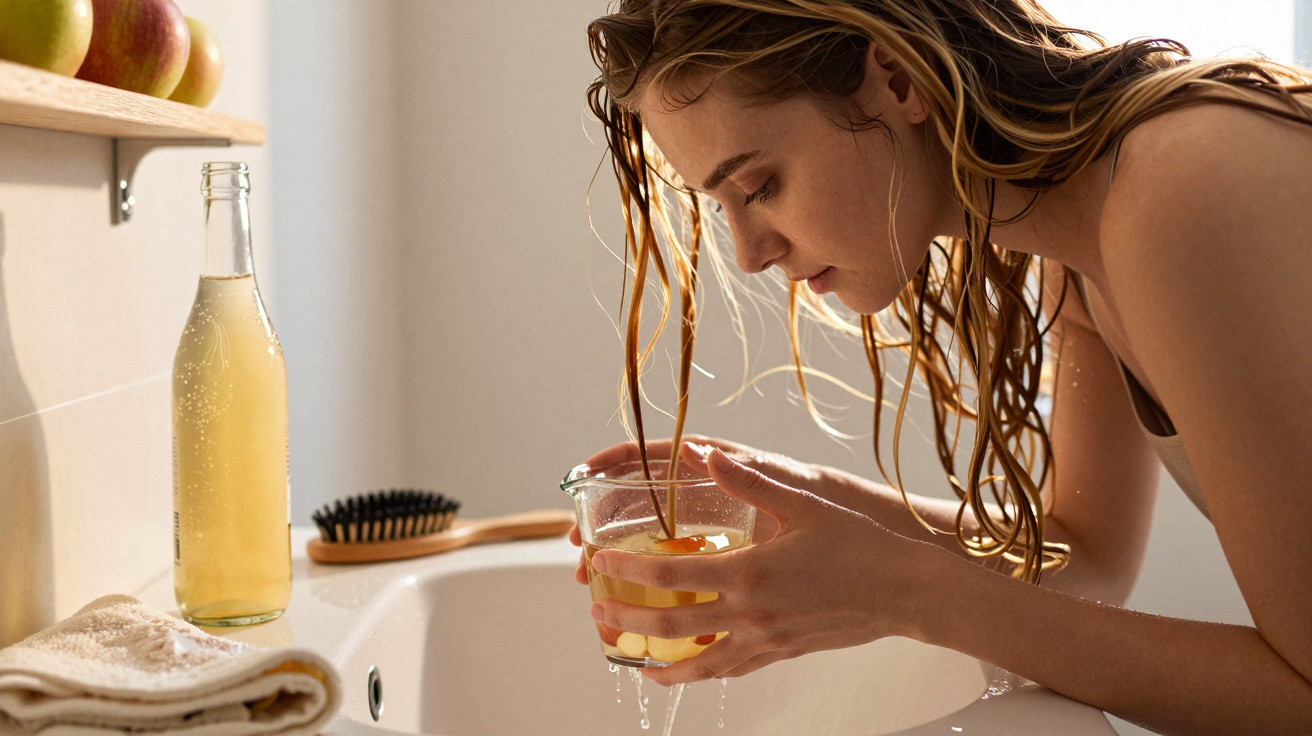 Young woman rinsing wet hair over a sink, holding a glass of water, with a bottle, towel, hairbrush, and apples nearby.