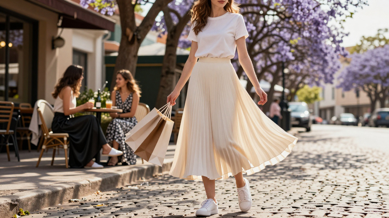 Woman walking on cobblestone street carrying shopping bags with outdoor café and purple trees in the background.