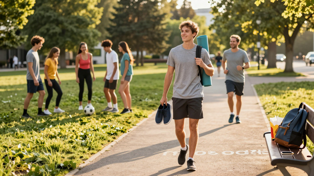 Young man walking on park path carrying shoes and yoga mat, group playing football and another jogging nearby.