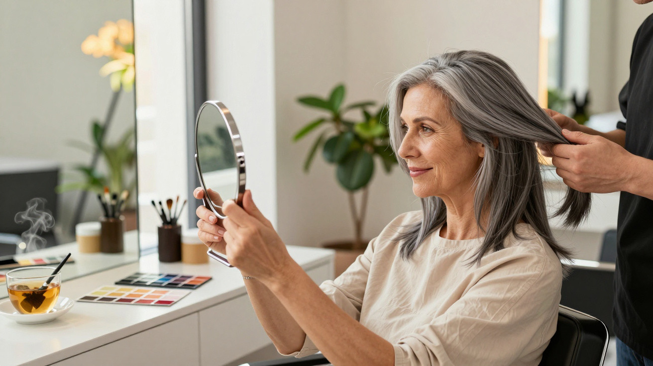 Middle-aged woman with grey hair looking at her reflection in a mirror while a stylist holds her hair.