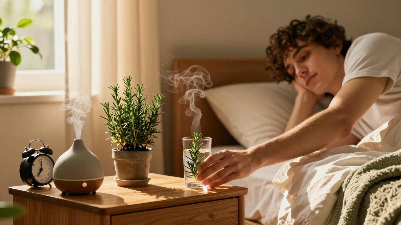 Young person lying in bed reaching for a glass with a sprig of rosemary next to a diffuser and potted plant on a bedside tabl