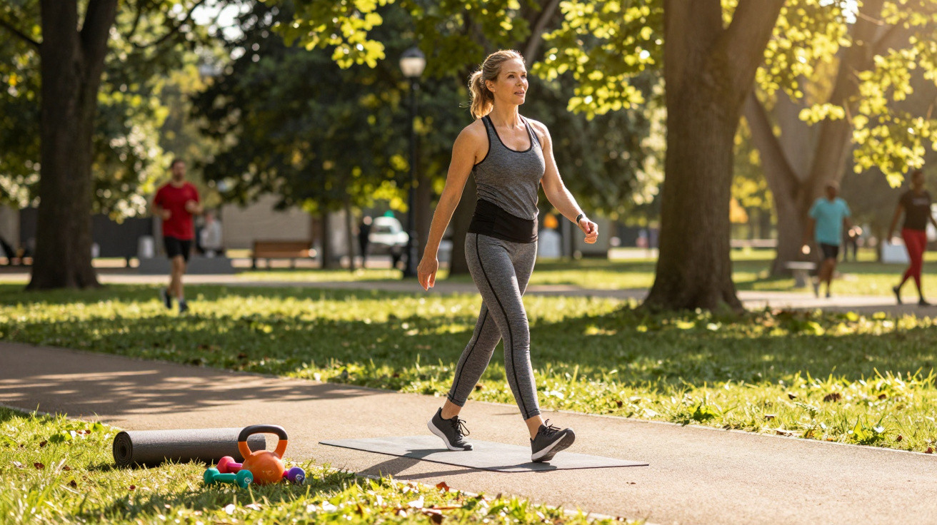 Woman in sportswear walking on a mat in a park with fitness equipment nearby on a sunny day.