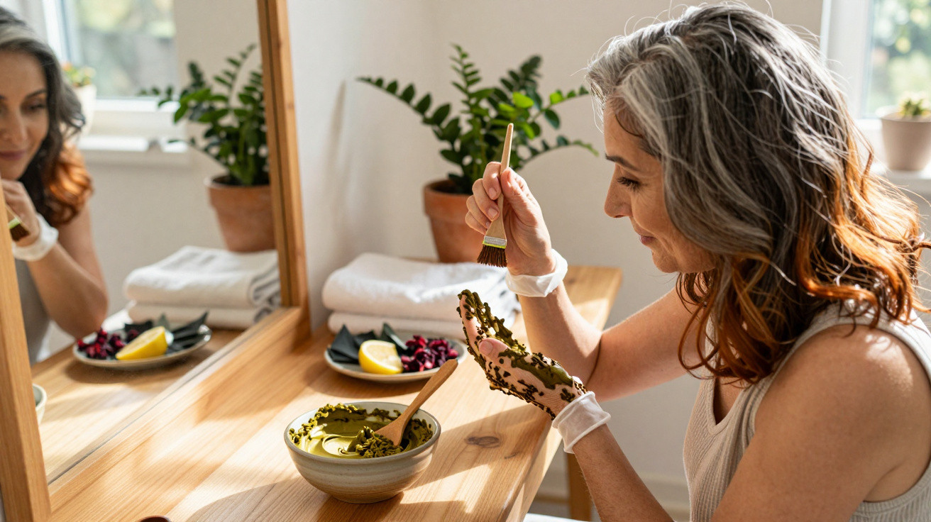 Middle-aged woman applying herbal face mask in front of a mirror at a wooden table with plants.