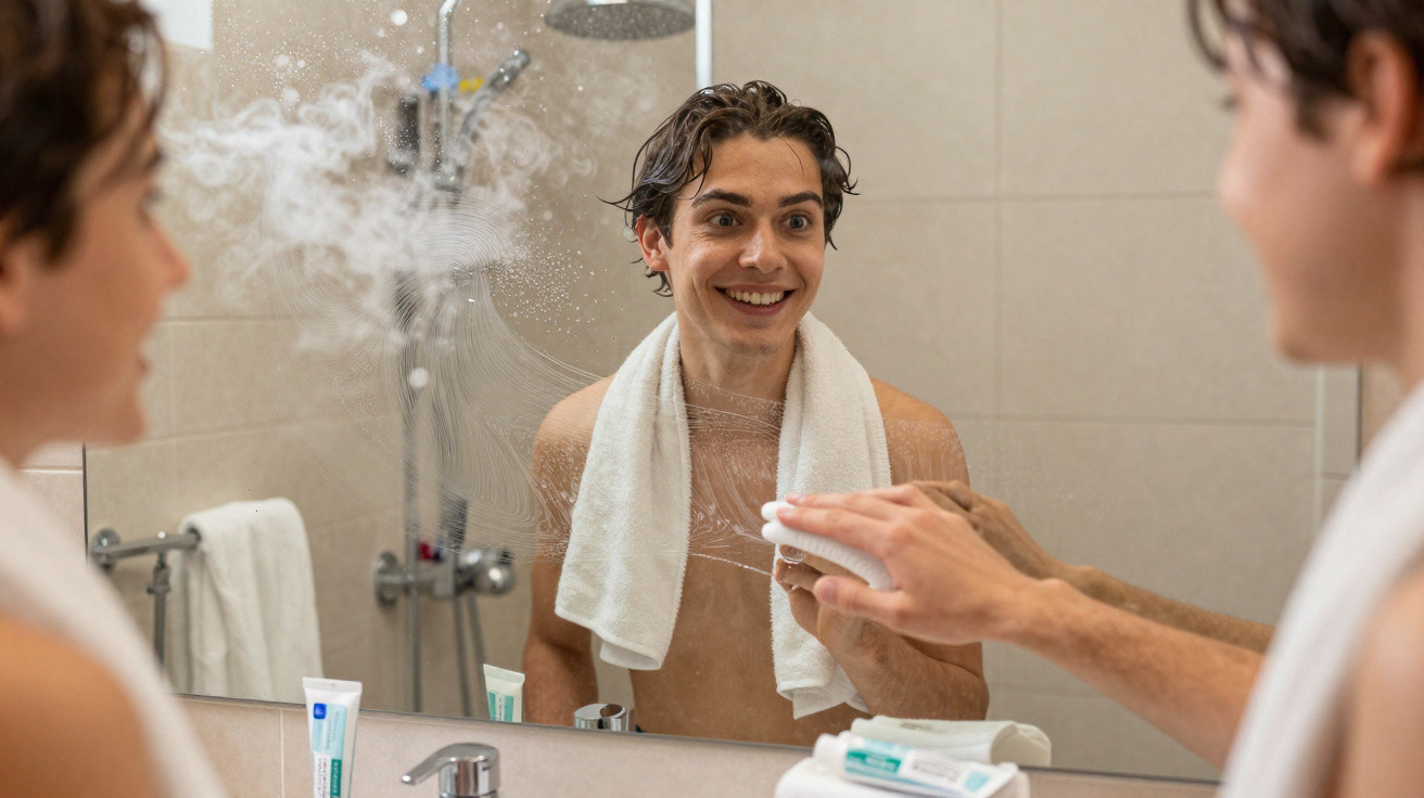 Young man with towel on shoulders cleaning a bathroom mirror with a cloth and smiling.