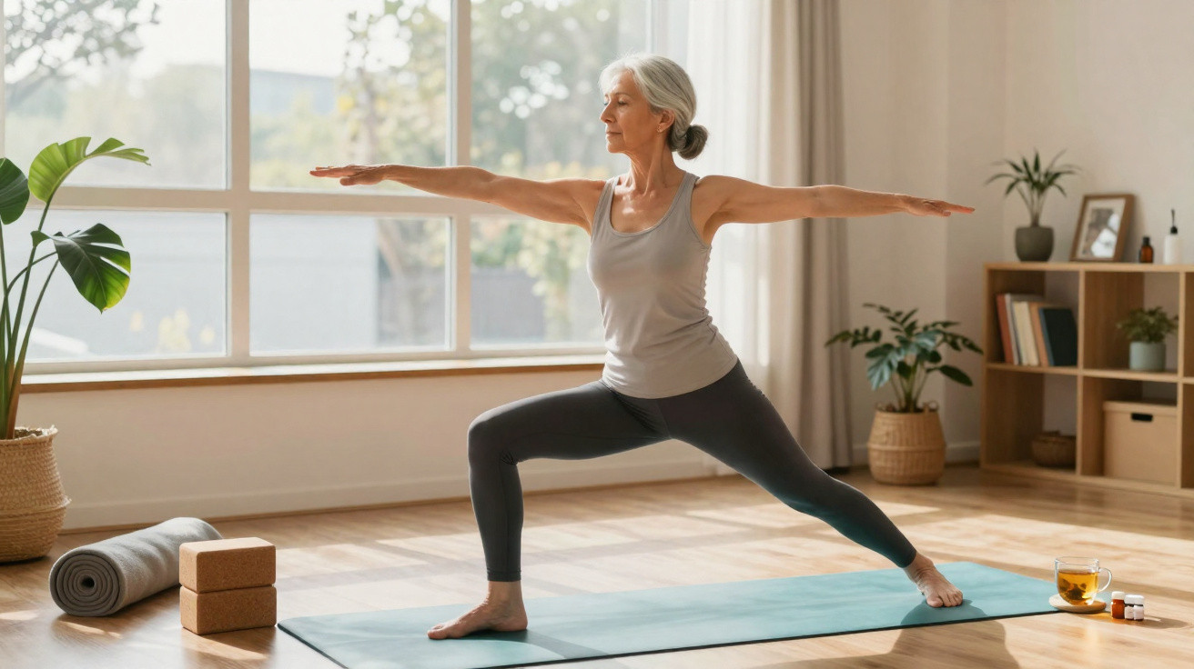 Older woman practising yoga in warrior pose on a mat in a bright, tidy living room.
