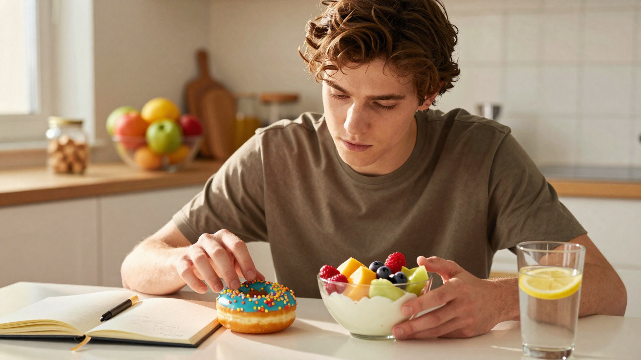 Young man chooses between a colourful sprinkled doughnut and a bowl of fruit and yoghurt at a kitchen table.