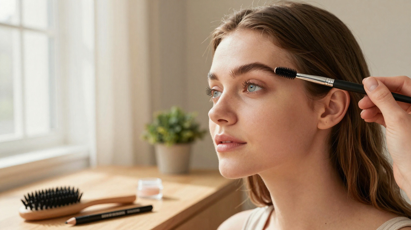 Young woman having her eyebrows groomed with a spoolie brush by a hand near a window with makeup on the table.