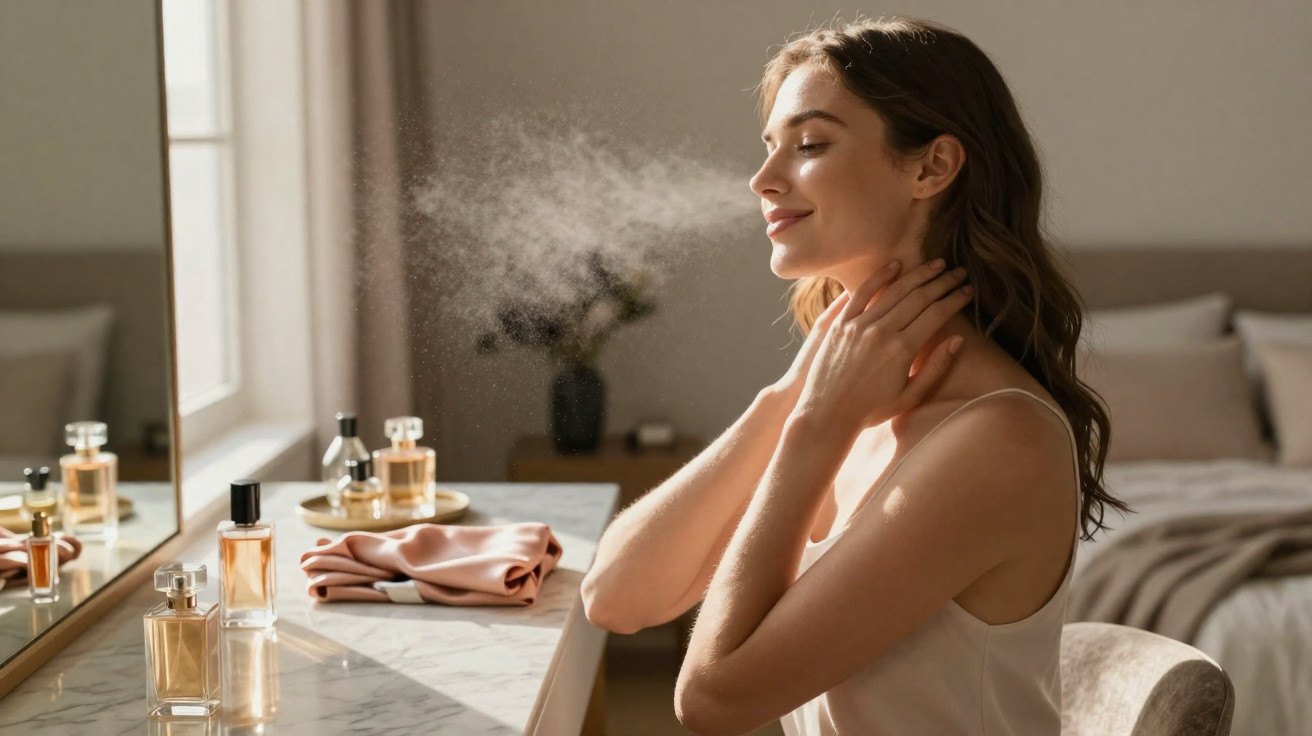 Young woman applying perfume spray on neck while sitting at a bedroom vanity table with perfume bottles.