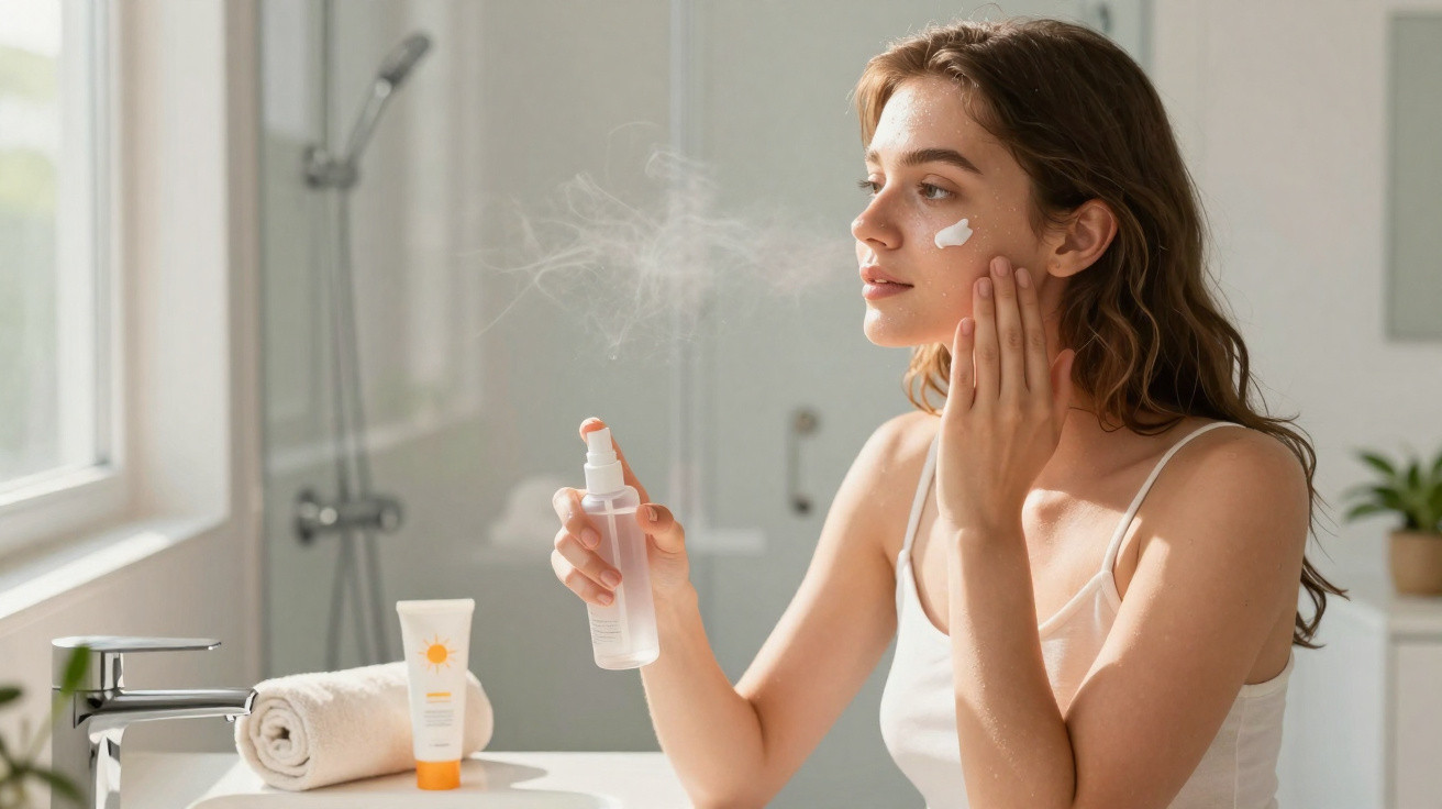 Young woman applying face mist and cream in a bright bathroom next to a window and skincare products.