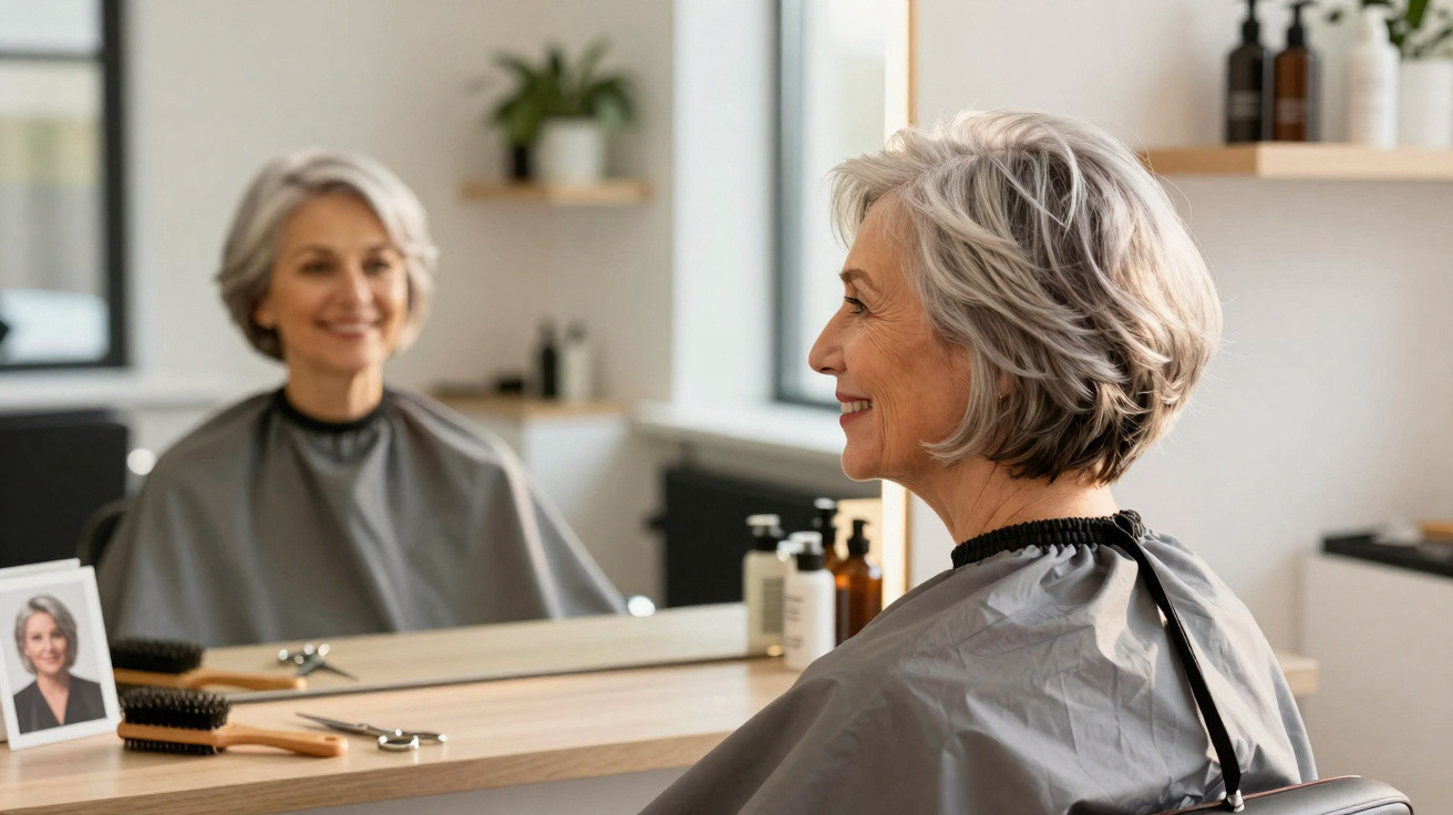 Older woman with short grey hair smiling and looking at herself in a salon mirror wearing a hairdressing cape.