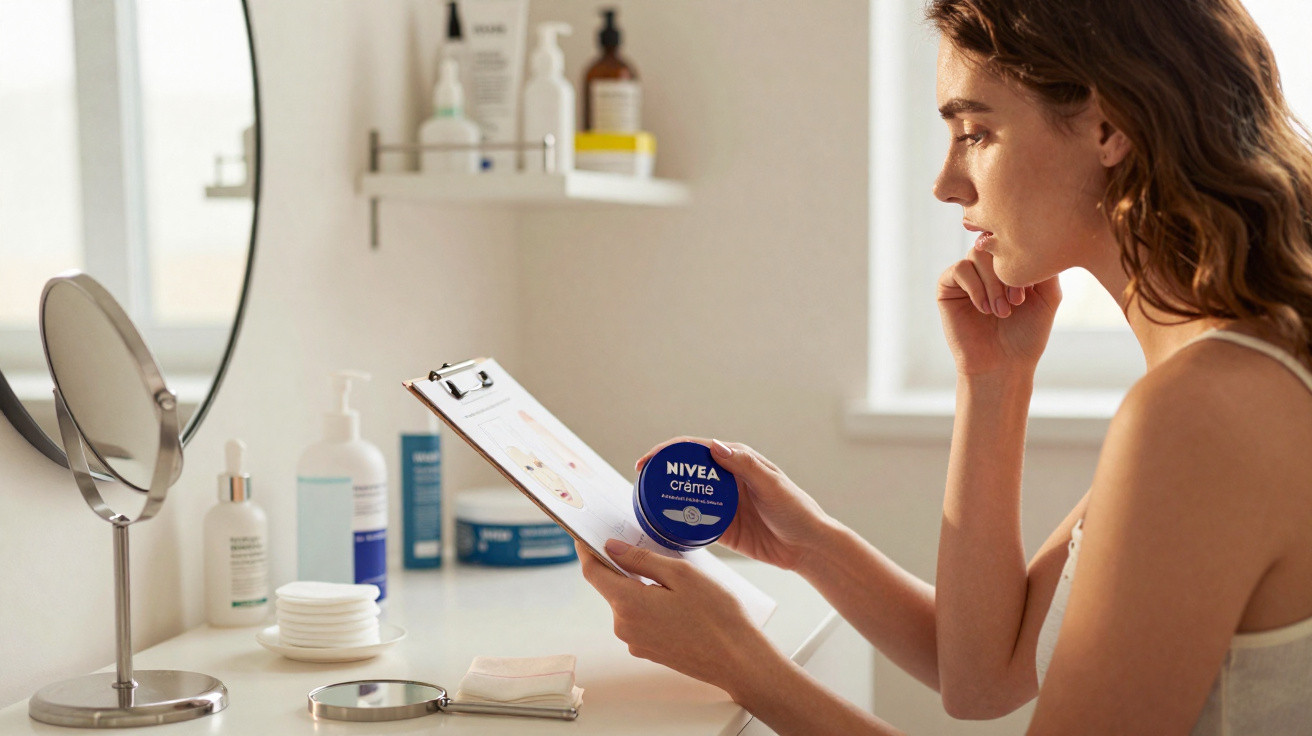 Woman holding Nivea cream and reading instructions at a bathroom counter with skincare products and mirror.