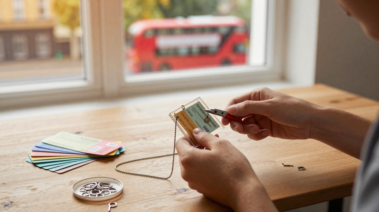 Hands assembling a keychain with coloured cards on a wooden table by a window with a red bus outside.