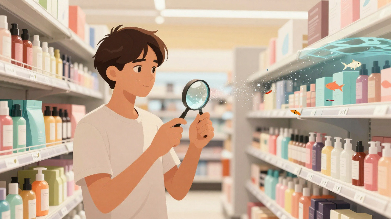 Young man in a store aisle examining floating tiny fish with a magnifying glass among shelves of bottles.