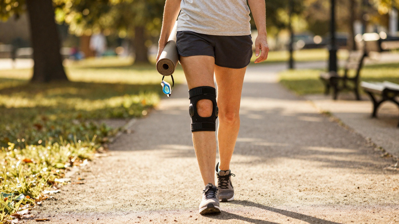 Person wearing a knee brace walking on a sunny park path, holding a yoga mat and water bottle.